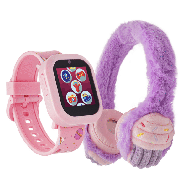iTech Jr Kids Girls Fuzzy Purple Cup Cake Silicone Smartwatch with On Ear Bluetooth Headphones